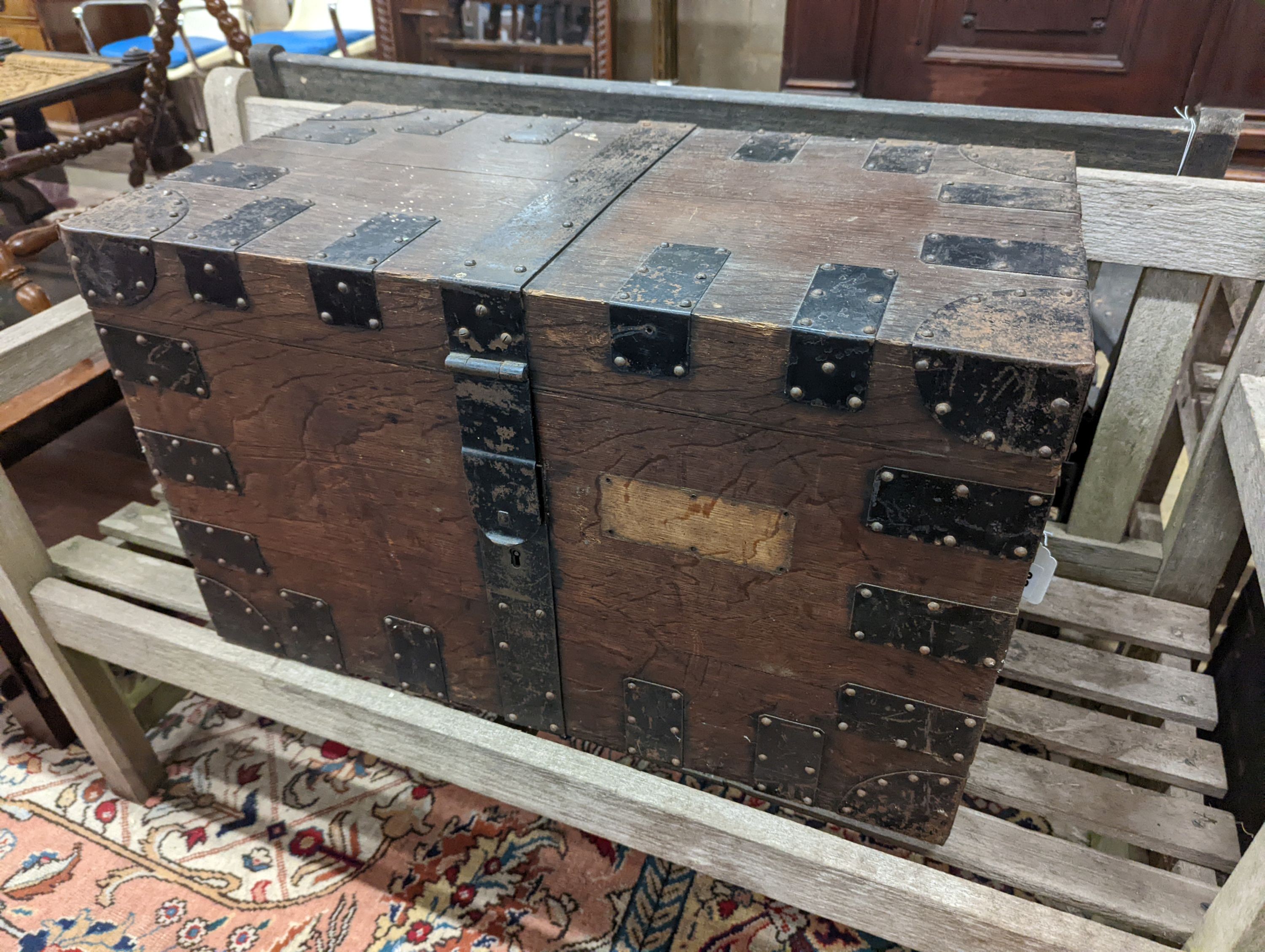 A Victorian iron bound oak silver canteen chest, width 70cm, depth 39cm, height 43cm